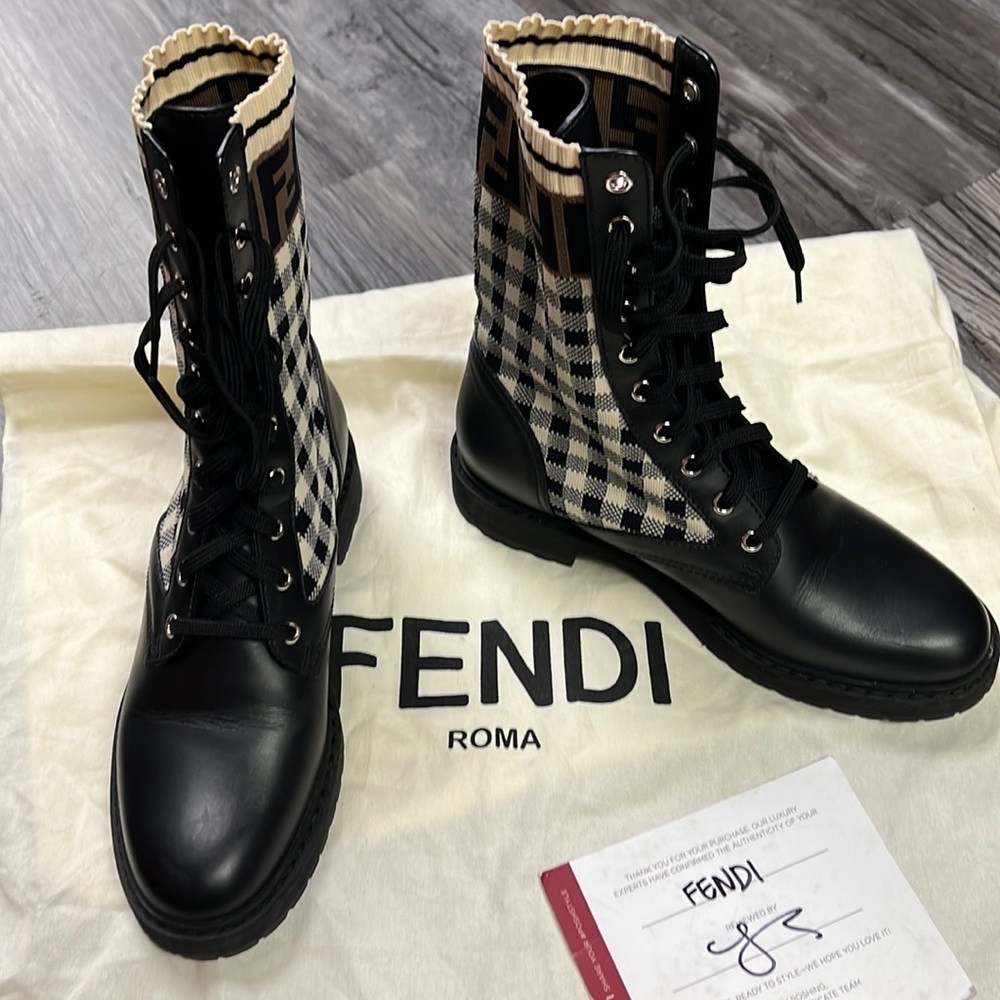 AUTHENTIC gently used Fendi Vichy FF Rockoko Zucca FF Logo Combat Boots 38